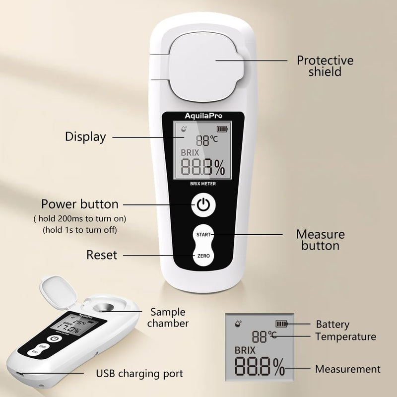 [Australia - AusPower] - Digital Brix Refractometer with LCD, for Fruit Juice and Coffee, with Auto Temperature Compensation, 0-55% Range, ±0.2% Accuracy, Rechargeable Brix Meter for Liquid Sugar Content 