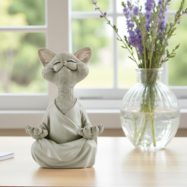 Meditating Happy Cat Statue – Zen Mindfulness Decor for Cat Lovers Gray