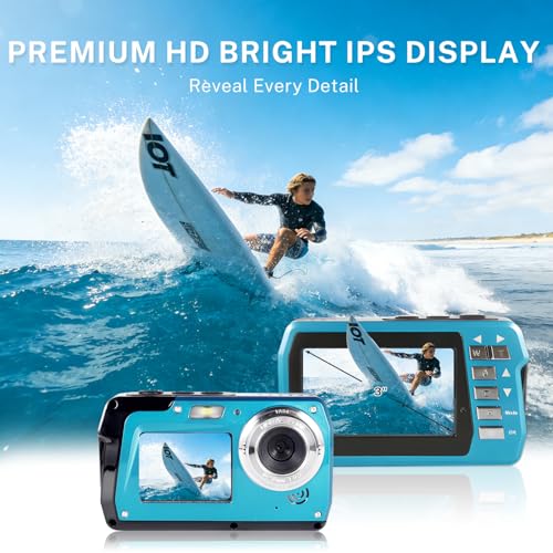 Underwater Camera 4K 48MP, Dual-Screen Waterproof Digital Camera, 10.83FT Dive for Swimming Travel, 16X Zoom Fill Light, 32GB Card, Blue