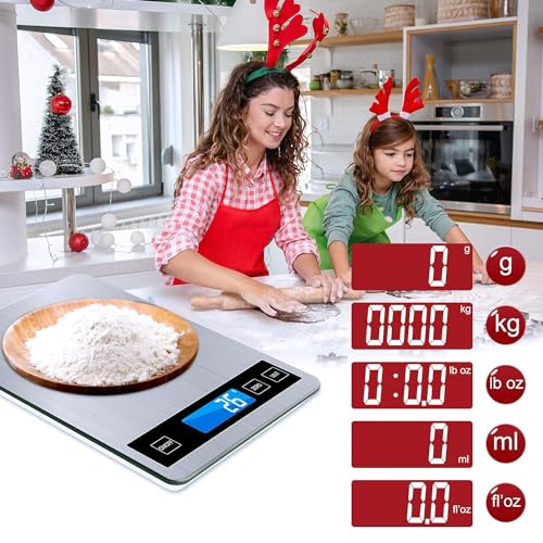Kitchen Scales, 33lb/15kg Digital Kitchen Cooking Scales with LCD Display +Stainless Steel+Tempered Glass, Accuracy up to 1g - g/kg/lb:oz/ml/fl'oz -USB or Battery Operated