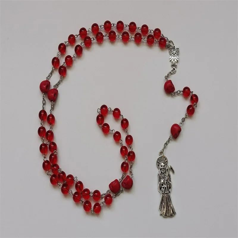 925 Sterling Silver La Santa Muerte Rosary - Satanic, Holy Saint Death Pendant for Women & Men Transparent Red Santa Muerte Rosary