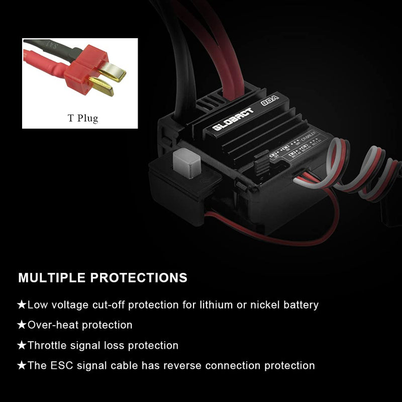 GLOBACT 21T 550 Brushed Motor and 80A ESC Brushed Motor ESC Combo BEC 5A 7.4V/6.4V for 1/10 RC Crawler Car Trx4 Trx6 Axial SCX10 II III Redcat Gen7 Gen8 V2 RC4WD D90 (T Plug) T Plug 256