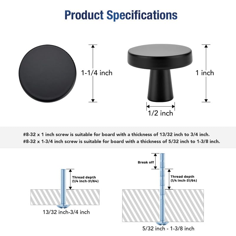 JOY DECOR 10 Pack Matte Black Kitchen Cabinet Knobs Solid 1-1/4 Inch Drawer Pulls Cabinet Hardware for Dresser Drawers Round Cupboard Door Knobs Simple Dresser Handles