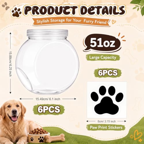 Sunnyray 6 Pack 51oz Plastic Dog Treat Jars with Lids & Paw Stickers, Clear