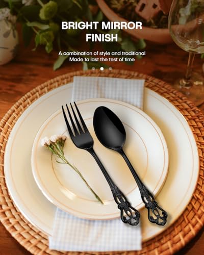 Stapava 20 Pcs Black Silverware Set, Gorgeous Retro Royal Silverware Set for 4, Stainless Steel Mirror Flatware Cutlery Set, Include Forks Spoons and Knives Set, Dishwasher Safe Utensils Retro Royal Black