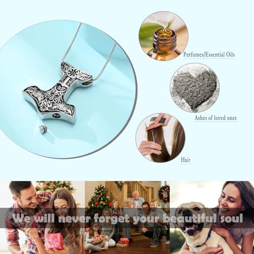 Cremation Jewelry Thor Hammer Urn Necklace for Ashes for Women Men Stainless Steels Viking Memorial Necklaces Keepsake Jewelry for Human Pet Ash Pendant with Filler Tool B-Silver