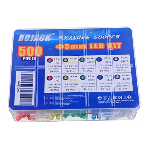 BOJACK 5 Colours 500 Pieces 5mm LED Diodes Assortment Kit Pack Bulb Lamps Electronic Components 5mm Light Emitting Diodes 5 colours 500P