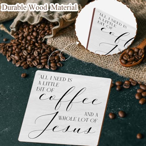 Farmhouse Coffee Bar Decor, All I Need Today Is A Little Bit of Coffee & A Whole Lot of Jesus Wooden Sign with Iron Stand, Christian Gifts for Home Kitchen Decor (A05)