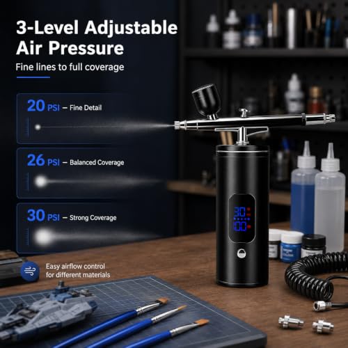 Airbrush Set with Compressor Wireless, 3-Level Adjustable Portable Airbrush Gun Set, 1000 mAh USB Rechargeable LCD Airbrush Set for Beginners Model Making, Make-Up, Tattoo, Nail Design, Cakes (Black) Black