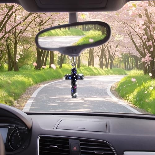 Bling Car Rear View Mirror Accessories Hanging Pendant,Cross Crystal Rhinestone For Car Mirror Hanging,Double-Sided Cross Diamond Religious,Interior Men Women Car Accessories Black
