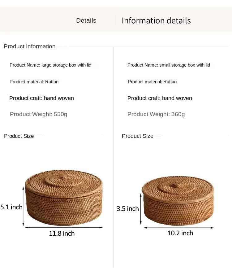 Handmade Natural Rattan Basket With Rattan Lid for Food Storage Container Vietnam Handicraft (Large)