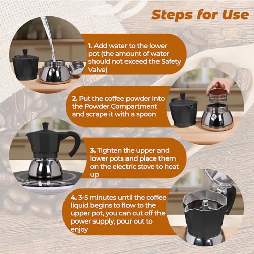 No Coating 4 Cup Aluminum and Stainless Steel Moka Pot Stovetop Black 4 Cup 220ml