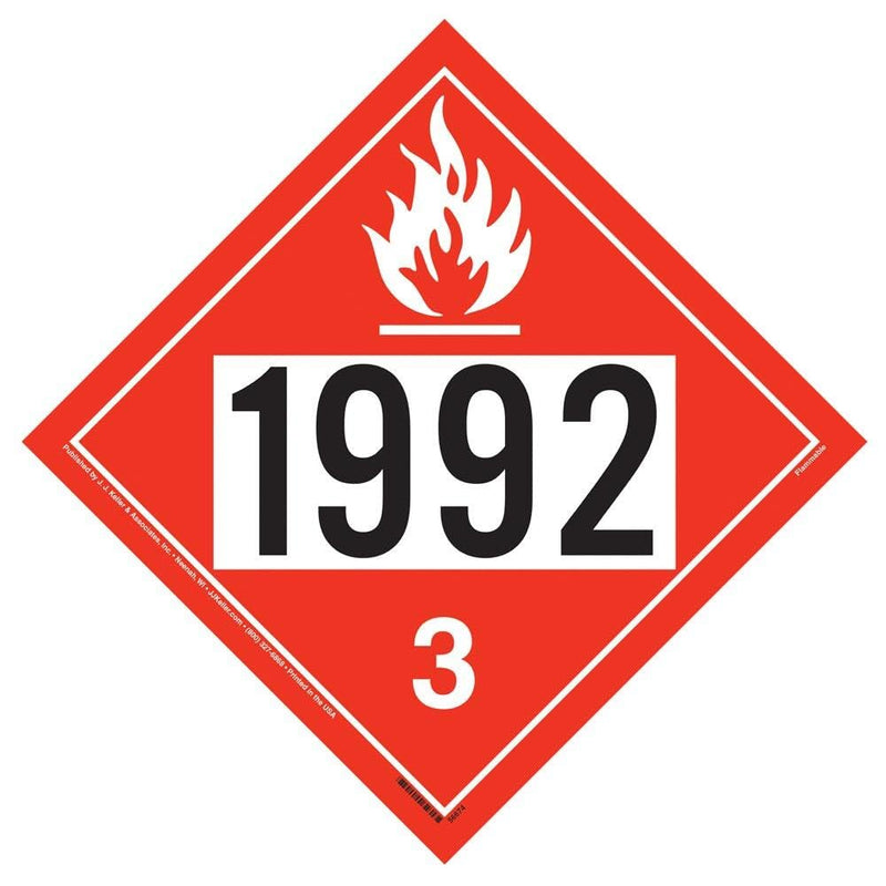J. J. Keller & Associates, Inc. 1992 Hazmat Placard, Class 3 Flammable Liquid, UN 1992 DOT Compliant, Hazardous Materials Shipping Label, Vinyl Removable Adhesive, 10.75" x 10.75", 25 Pack