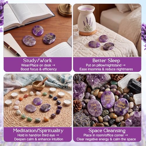 Domensi 3 Pcs Prayer Amethyst Crystals Thumb Worry Stones Anxiety Relief Items Inspirational Healing Crystals for Women Men Meditation Reiki Spiritual Gifts