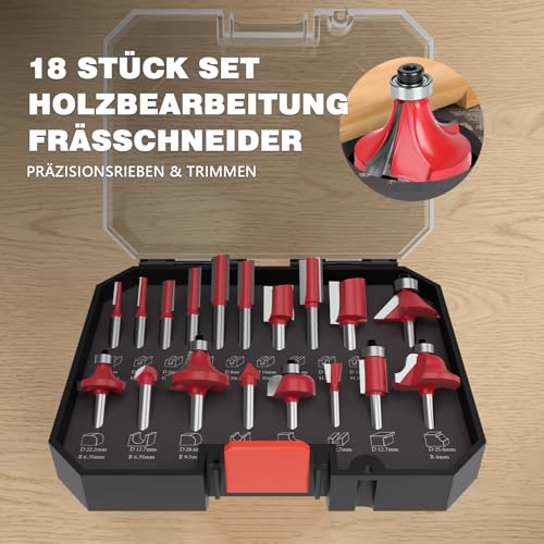 CSOOM 18pcs 8mm Shank Professional Woodworking Router Bit Set with Carbide Trimmers Woodworking Tool red