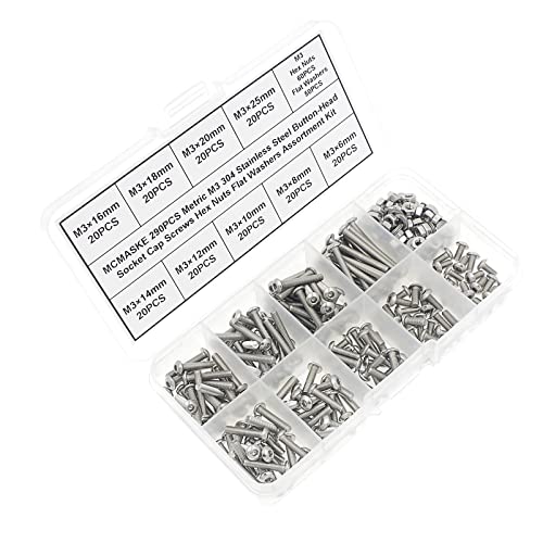 MCMASKE Metric M3 304 stainless steel button-head socket cap screws, nuts and washers kit assortment