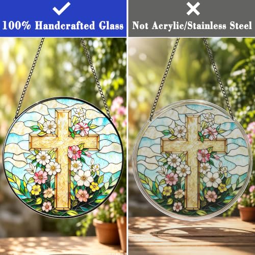 Floral Cross Stained Glass Suncatcher, Christian Flower Cross Window Hanging Ornament with Metal Chain, Religious Spiritual Home Decor Gift