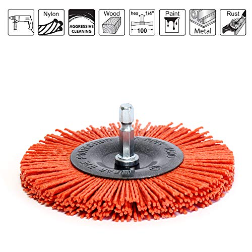 S&R Nylon Disc Brush Diameter 100 mm Hexagonal Shaft 1/4 Inch (6.35 mm) | Coarse, with coarse nylon wire nylon brush aggressive, wire brush grinding attachment Red Coarse Coarse-grain nylon wire