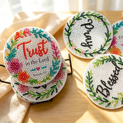 soeonh 8 Pcs Faith Diamond Painting Coasters Kit with Holder