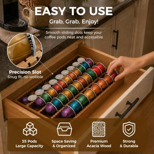 MinBoo Bamboo Coffee Pod Storage Holder Drawer Insert for Counter Compatible Nespresso Vertuo Vertuoline Capsules for Kitchen, Home, Office, Coffee Station Acacia Wood