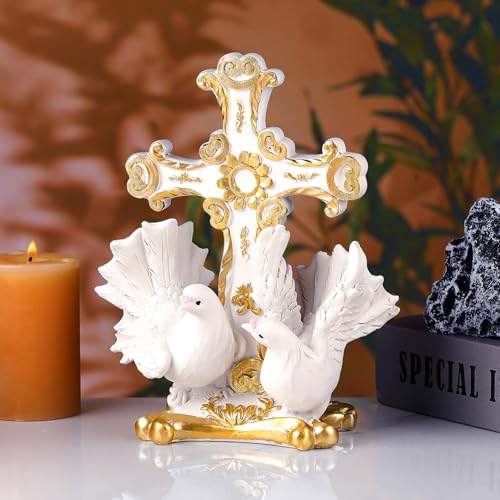 Resin Table Holy Cross Carved Flower and Doves Religious Home Decor