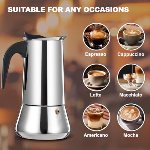 2 Cup Stovetop Espresso Maker Stainless Steel Moka Pot Stove Top Percolator Italian Coffee Makers Capable Mocha Greca Machine Cafe Classic Induction Cookers for Home and Camping 100ml 3.3oz Silver 2 Cup