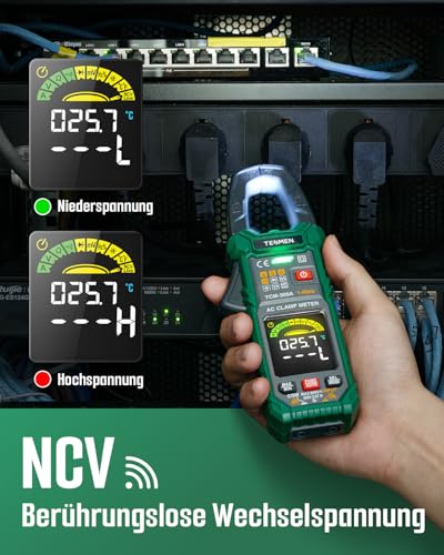 TESMEN TCM-300A Digital Clamp Meter 6000 Counts T-RMS Ammeter Auto Ranging Multimeter Voltmeter with AC Current AC/DC Voltage NCV/Live Wire Inrush Current Resistance Diode Temperature - Green