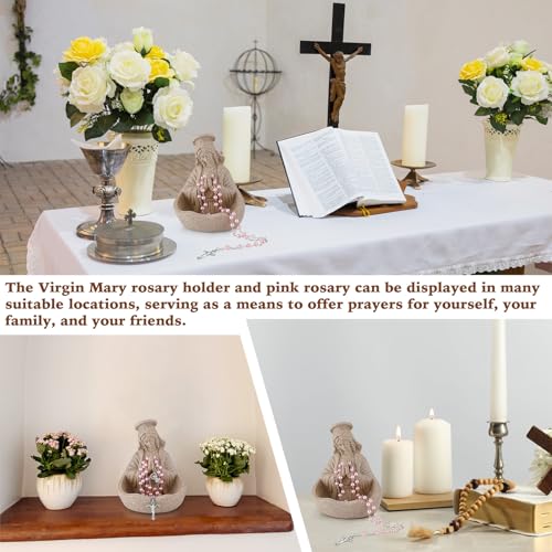 Booson Virgin Mary Statue Catholic Gifts for Women Our Lady of Grace Statue Keepsake Rosary Holder with Pink Rosary Beads 5.5" Blessed Mother Statues Resin Relic Religious Home Decor (Sandstone) Sandstone