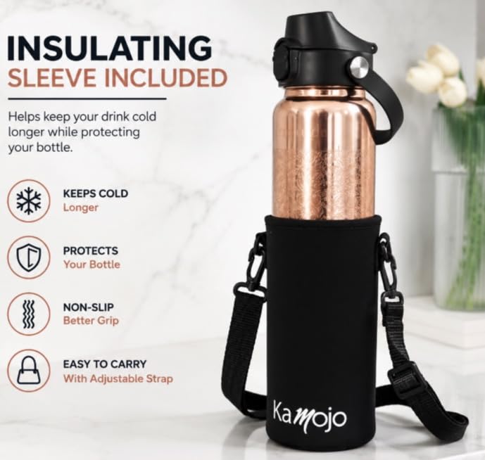 Kamojo Pure Copper Water Bottle for Drinking – Etched Handcrafted Design, Flip-Top Push Button Lid, Copper Straw & Insulating Sleeve – Ayurvedic Cup