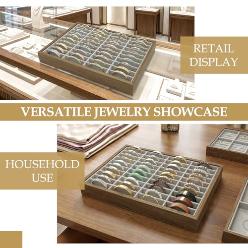 40‑Slot Bracelet Watch Necklace Jewelry Display Storage Box – Velvet Wood Tray Organizer for Bangles, Jade, Stackable for Retail Shows or Personal Use – Black