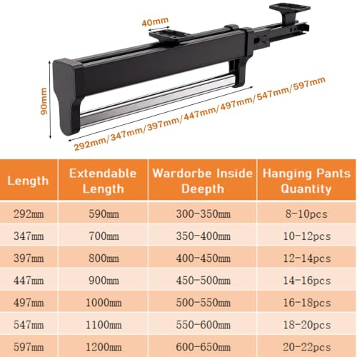 Valet Rod for Closet Pull Out, Adjustable Pants Rack Rail 11.5inch Black 11.5 inch
