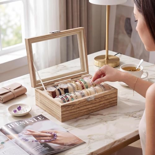 Wenqik Small Wood Bangle Box Organizer 2 Rods for Bracelet