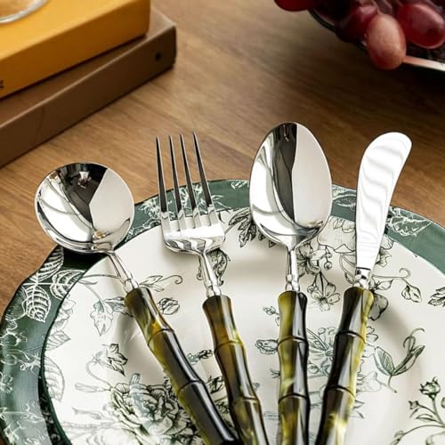 4-Piece Bamboo Design Silverware Set for 1 - Elegant 18/10 Stainless Steel with Acrylic Handle Flatware Cutlery - Premium Green Kitchen Utensil Tableware- Dishwasher Safe