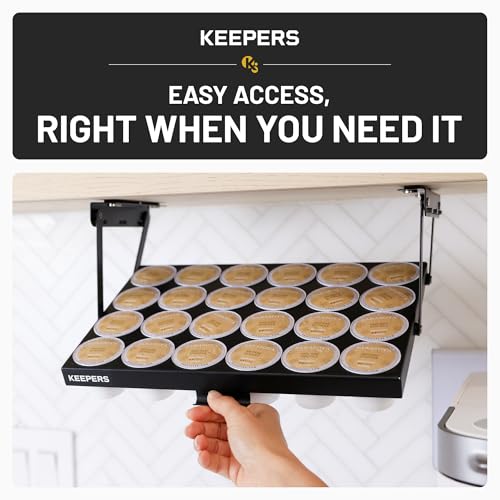 COFFEEKEEPERS KEEPERS Coffee Pod Holder — Holds 24 K-Cups, Under-Cabinet Swing-Down Design, 13x9.5x1in Steel Organizer for Small Kitchens & RV Black 24-Pod Keurig
