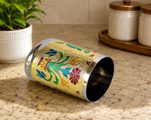 Rastogi Handicrafts Set of 6 Stainless Steel Glass Indian Handmade Meena Patchwork Peacock Design Golden Silver Color Diwali Christmas Tumbler Gift Set item (Golden)