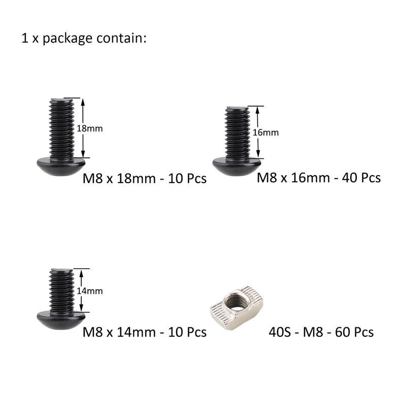 [Australia - AusPower] - 120Pcs 4040 Aluminum Extrusion Hardware Black Kit - M8 T Slot Nuts & Bolts 10Pcs M8x14, 40 M8x16, 10 M8x18, 60Pcs 40 Series M8 Drop-in T Nuts, Compatible with 4040 4080 Extrusion Accessories 