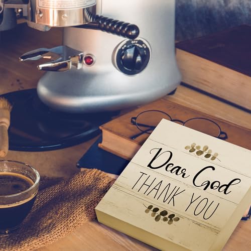 Religious Jesus Desk Decor for Living Room Shelf Table, Dear God Thank You, Wooden Sign 5x5 Inches Crimson