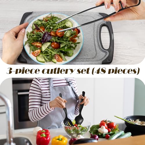 48 Pcs Black Plastic Serving Utensils Set 9'' Disposable Serving Utensils Spoons Forks Tongs for Serving Food Party Utensils Supplies for Buffet Banquets Weddings Restaurant Dinner Salad