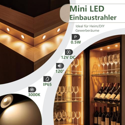Set of 10 Mini LED Spotlights, 12 V, 0.5 W, Mini LED Recessed Spotlights, Ultra Small Installation Diameter 10 mm, Warm White 3000 K Ceiling Spotlights, IP65 LED Spotlights, Recessed Silver Warm White