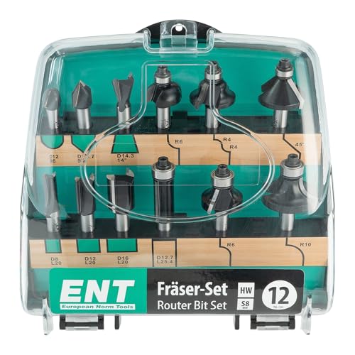 ENT 12-Piece DURACUT HM Milling Cutter Set in Shatterproof Plastic Cassette - Router Bit with Shaft 8 mm, 09012 12 Pieces