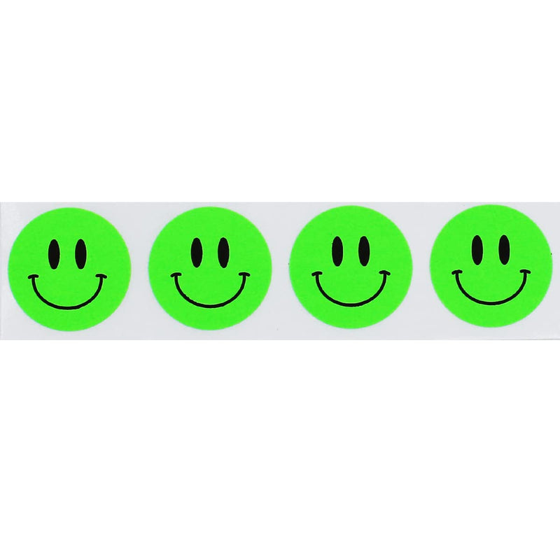 Happy Face Stickers - Fluorescent Green Happy Face Labels, 0.75 Inch Round Dots, 500 Total Adhesive Stickers for Rewards and Decorations - Made in the USA