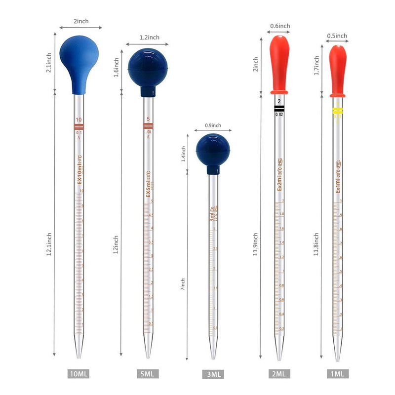 [Australia - AusPower] - 5PCS Thick Glass Graduated Dropper Pipettes Fluid and Liquid Pipettors 1ml 2ml 5ml 10ml 2PCS for Each with Caps and 2PCS Washing Brushes (33cm-13inch) 5 
