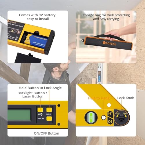 Neoteck golden aluminum digital angle finder with 225° range and Class 2 laser