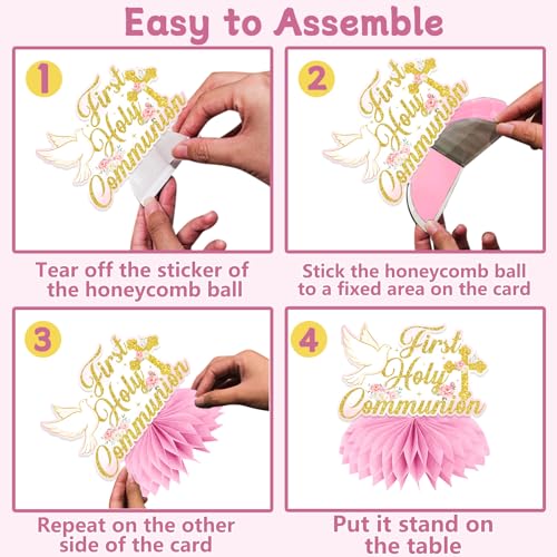 First Communion Decorations Honeycomb Centerppieces, 12Pcs Pink and Gold First Communion Centerpieces for Tables, God Bless Religious Table Centerpices for Girls Baptism Mi Primera Comunion