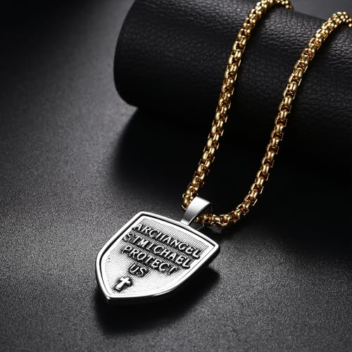 St Michael Necklace for Men, Stainless Steel Silver Gold - Archangel Amulet