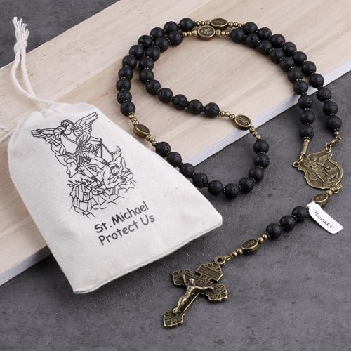 HanlinCC Black Lave Stone Beads Saint Michael Catholic Rosary Necklace with Gift Bag Anti-Bronze