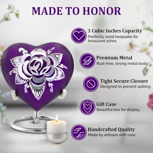 Rose Heart Shaped Keepsake Urn for Human Ashes - Mini Memorial Urn with Display Stand, Velvet Bag & Premium Gift Box - Engraved Metal Urn for Baby, Boy, Girl, Parents, Loved Ones (Purple, Small) Purple