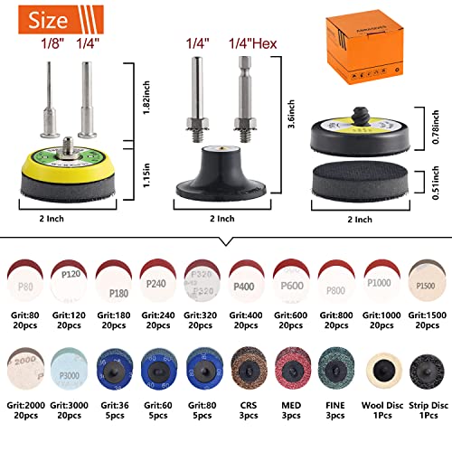 Tshya VPS27001 270Pack 2inch Sanding Discs Pad Variety Kit for Drill Grinder Rotary Tools Die Grinder Accessories with 1/8 inch&1/4 inch Shank Backer Plate, Sanding Pads Includes 36-3000 Grit,Blue Mix 270Pack