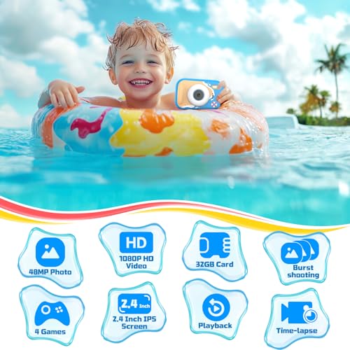 Kids Camera Waterproof, IP68 Underwater Camera for Kids Aged 3-12, HD Kids Digital Camera with 1080P Video Recording, Durable ABS Material, Pool Toys for Boys Girls with 32GB Card(Blue) Blue