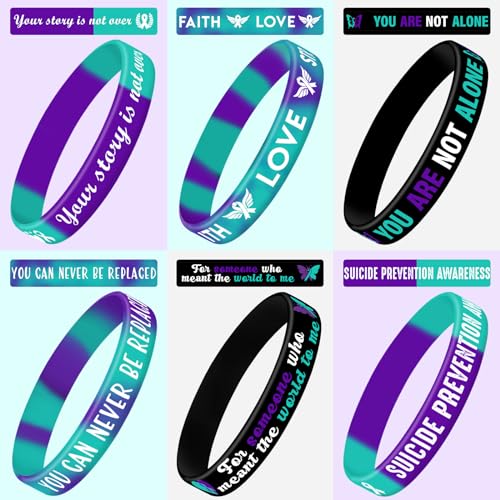 JUNEBRUSHS Silicone Wristbands for Suicide Prevention, 42 Pieces Purple Teal Inspirational Rubber Bracelets for Suicide Prevention, Awareness, Inspirational Charity Suicide Prevention Awareness Style